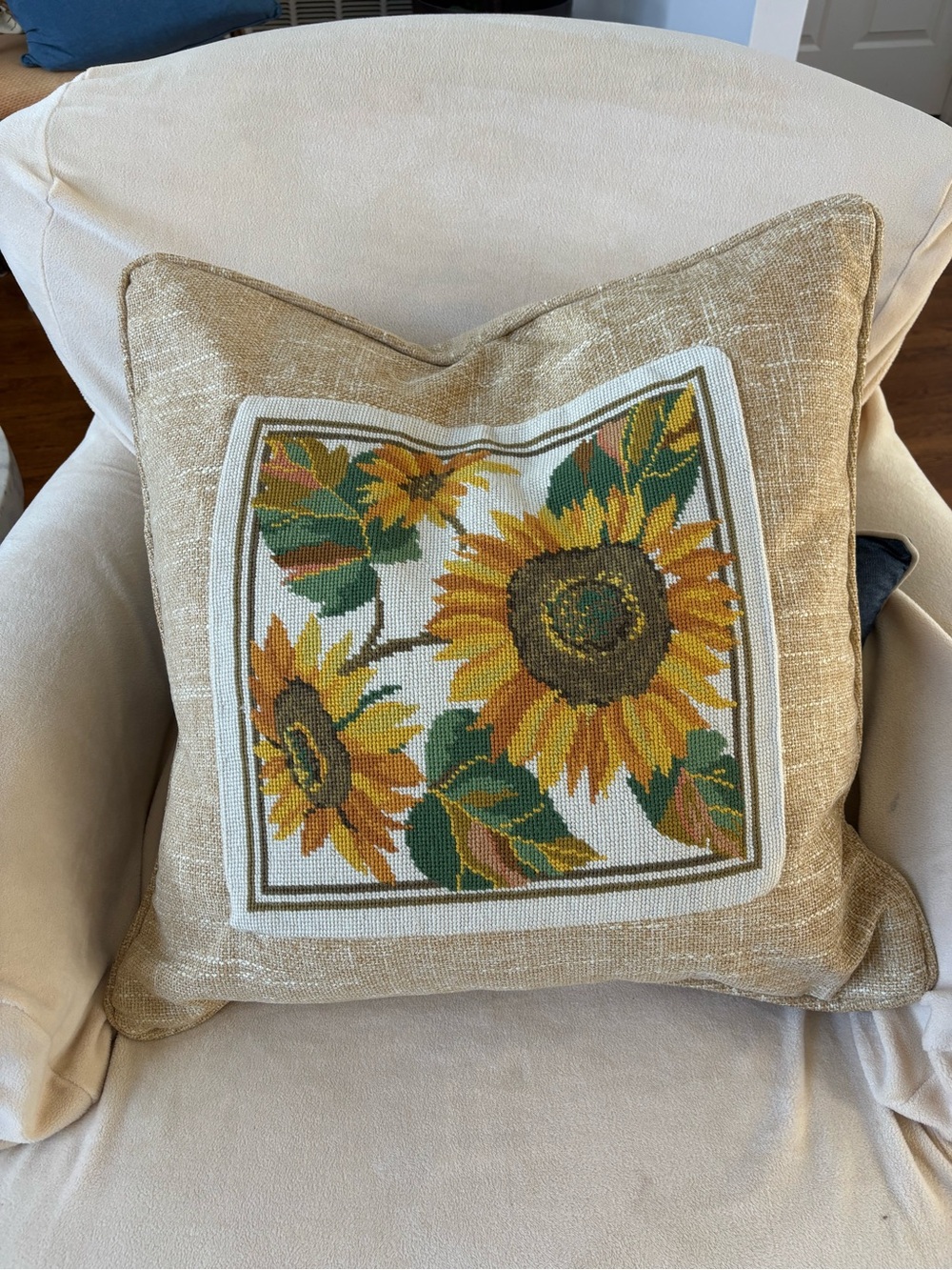 Sunflower Needlepoint Throw Pillow - Beige